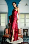 Buy_Pavone by Akanksha Chopra_Maroon Satin Solid Asymmetric Draped One Shoulder Gown _Online_at_Aza_Fashions