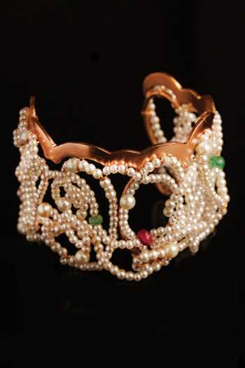 Shop_Suhani Pittie_Gold Plated Pearls Cloud Embellished Cuff Bracelet _at_Aza_Fashions