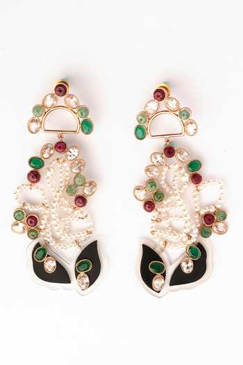 Shop_Suhani Pittie_Gold Plated Pearls, Rhinestones, Stones Moon Flower Earrings _at_Aza_Fashions