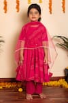 Pomcha Jaipur_Pink Cotton, Net Tassels Bhandhej Print Anarkali Pant Set _Online_at_Aza_Fashions