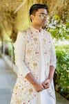 Shop_Hilo Design_Off White Dupion Silk Hand Embroidered Perla Nehru Jacket With Kurta Set_at_Aza_Fashions