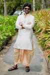 Shop_Hilo Design_Off White Dupion Silk Embroidered Thread Mayur Neck Kurta With Dhoti Pant _at_Aza_Fashions