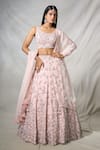 Buy_PANIHARI_Pink Organza Embroidered Sequin U- Neck Floral Lehenga And Blouse Set 