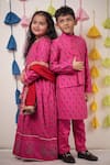 TINY COLOUR_Pink Kurta Chanderi Block Print Paisley Nehru Jacket With Set _Online_at_Aza_Fashions