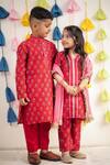 Tiny Colour Clothing_Red Kurta Chanderi Block Print Floral Hand Set _at_Aza_Fashions