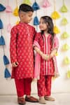 Shop_Tiny Colour Clothing_Red Kurta Chanderi Block Print Floral Hand With Pant 