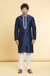 Buy_Arihant Rai Sinha_Blue Chanderi , Embroidery Straight Placket Kurta With Churidar _Online_at_Aza_Fashions