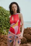 Shop_Nautanky_Red Neoprene Printed Song Bird High Neck Monokini _Online_at_Aza_Fashions