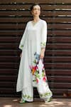 Nautanky_White Natural Crepe Printed Botanic V Neck Grace Kurta Pant Set _at_Aza_Fashions