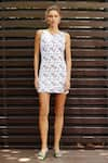 Nautanky_White Neoprene Printed Bloom Round Short Dress _Online_at_Aza_Fashions