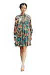 Nautanky_Grey Natural Crepe Printed Exotic High Neck Short Dress _Online_at_Aza_Fashions