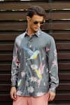 Nautanky_Grey Fluid Cotton Printed Bird Exotic Charm Shirt With Pant_at_Aza_Fashions