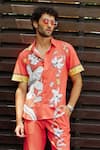 Nautanky_Red Snake Skin Texture Printed Bird Lily Bloom Shirt With Pant_Online_at_Aza_Fashions