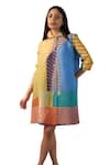 Tasuvure_Yellow Pleated Polyester Printed Abstract Collar Color Blocked Shirt Dress_Online_at_Aza_Fashions
