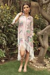 Buy_Tasuvure_Pink Cotton Muslin Printed Abstract Collar Boho Bedazzled Botanical Fringe Dress _at_Aza_Fashions