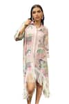 Tasuvure_Pink Cotton Muslin Printed Abstract Collar Boho Bedazzled Botanical Fringe Dress _Online_at_Aza_Fashions