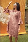 Buy_Tasuvure_Peach Cotton Lace Kaleidoscopic Round Myra Mesh Dress_at_Aza_Fashions