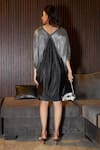 Shop_Tasuvure_Black Pleated Polyester V-neck Paris Charm Metallic Kimono Dress_at_Aza_Fashions