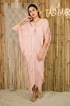 Buy_Tasuvure_Pink Pleated Polyester V-neck Barcelona Buzz Dress_at_Aza_Fashions