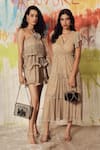 Tasuvure_Beige Metallic Chiffon Halter Divine Dress _Online_at_Aza_Fashions