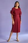 Buy_Tasuvure_Maroon Pleated Polyester Round Rosalynn Ruffle Sleeved Dress _at_Aza_Fashions