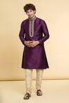 Buy_Arihant Rai Sinha_Purple Jacquard, Silk Zari Straight Embroidered Placket Kurta With Churidar_at_Aza_Fashions