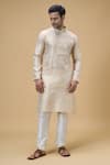 Buy_Arihant Rai Sinha_Beige Jacquard Art Silk Embroidered Placket Paisley Kurta _at_Aza_Fashions