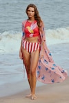 Buy_Nautanky_Red Bikini Neoprene Printed Song Bird Cape Open Top Set With_at_Aza_Fashions