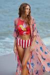 Shop_Nautanky_Red Bikini Neoprene Printed Song Bird Cape Open Top Set With_Online_at_Aza_Fashions