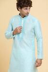 Arihant Rai Sinha_Blue Jacquard, Silk Embroidery Straight Paisley Placket Kurta _at_Aza_Fashions