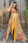 Buy_Kalista_Yellow Raw Silk Printed And Hand Embroidered Gulnar Slit Lehenga Set With Pant _at_Aza_Fashions