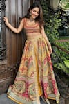 Buy_Kalista_Yellow Raw Silk Printed And Hand Embroidered Gulnar Slit Lehenga Set With Pant _Online