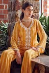 Shop_RITIKA VERMA_Yellow Georgette Embroidered Sequin V-neck Rabia Jacket With Bell Pant _Online_at_Aza_Fashions