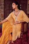 Shop_RITIKA VERMA_Yellow Georgette Embroidered Patra V-neck Haniya Bird Print Kaftan With Pant _at_Aza_Fashions