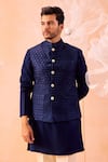 Contrast By Parth_Blue Pure Silk Hand Embroidered Floral Majestic Nehru Jacket And Kurta Set _Online_at_Aza_Fashions