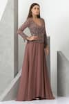 Buy_Eli Bitton_Brown Sequin (100% Polyester) Hand Embroidered V-neck And Pearls Gown _at_Aza_Fashions