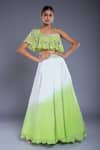 Buy_Ellemora fashions_Green Crepe Hand Embroidered Cutdana Square Neck Blouse And Lehenga Set _at_Aza_Fashions