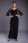 Buy_Ellemora fashions_Black Crepe Hand Embroidered Cutdana Cowl Neck Draped Dress _at_Aza_Fashions