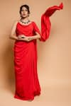 Buy_Ellemora fashions_Red Natural Crepe Solid Cowl Asymmetric Sleeve Draped Dress _at_Aza_Fashions