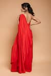 Ellemora fashions_Red Natural Crepe Solid Cowl Asymmetric Sleeve Draped Dress _Online_at_Aza_Fashions