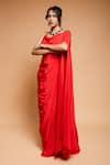 Buy_Ellemora fashions_Red Natural Crepe Solid Cowl Asymmetric Sleeve Draped Dress _Online_at_Aza_Fashions