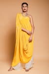 Buy_Ellemora fashions_Yellow Natural Crepe Solid Asymmetric Draped Tunic With Palazzo Pant _at_Aza_Fashions