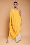 Shop_Ellemora fashions_Yellow Natural Crepe Solid Asymmetric Draped Tunic With Palazzo Pant _Online_at_Aza_Fashions