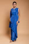 Buy_Ellemora fashions_Blue Natural Crepe Solid High Asymmetric Draped Tunic With Pant _Online_at_Aza_Fashions