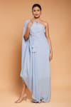 Buy_Ellemora fashions_Blue Natural Crepe Embroidered Tassel Asymmetric One Shoulder Draped Dress _at_Aza_Fashions