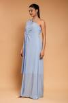 Ellemora fashions_Blue Natural Crepe Embroidered Tassel Asymmetric One Shoulder Draped Dress _at_Aza_Fashions