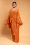 Buy_Ellemora fashions_Orange Natural Crepe Solid V Neck Draped Maxi Dress _at_Aza_Fashions