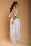 Shop_Ellemora fashions_Blue Natural Crepe Handwork Floral Cape Round Embroidered With Harem Pant Set _at_Aza_Fashions