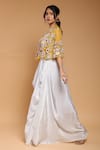 Ellemora fashions_Blue Natural Crepe Handwork Floral Cape Round Embroidered With Harem Pant Set _Online_at_Aza_Fashions