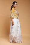 Buy_Ellemora fashions_Blue Natural Crepe Handwork Floral Cape Round Embroidered With Harem Pant Set _Online_at_Aza_Fashions